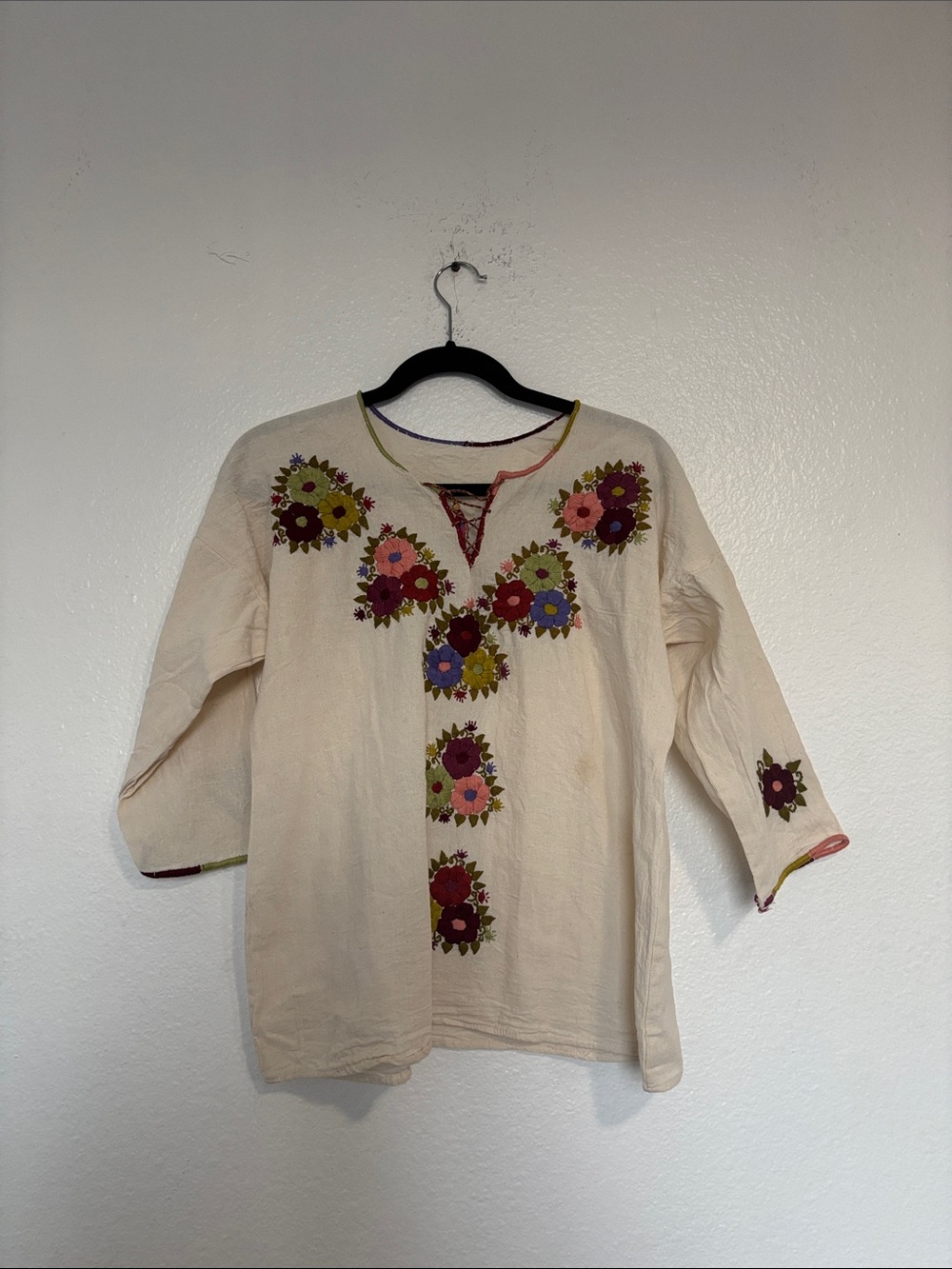Hand Crafted Cream Cotton Tunic with Colorful Floral Embroidery size S